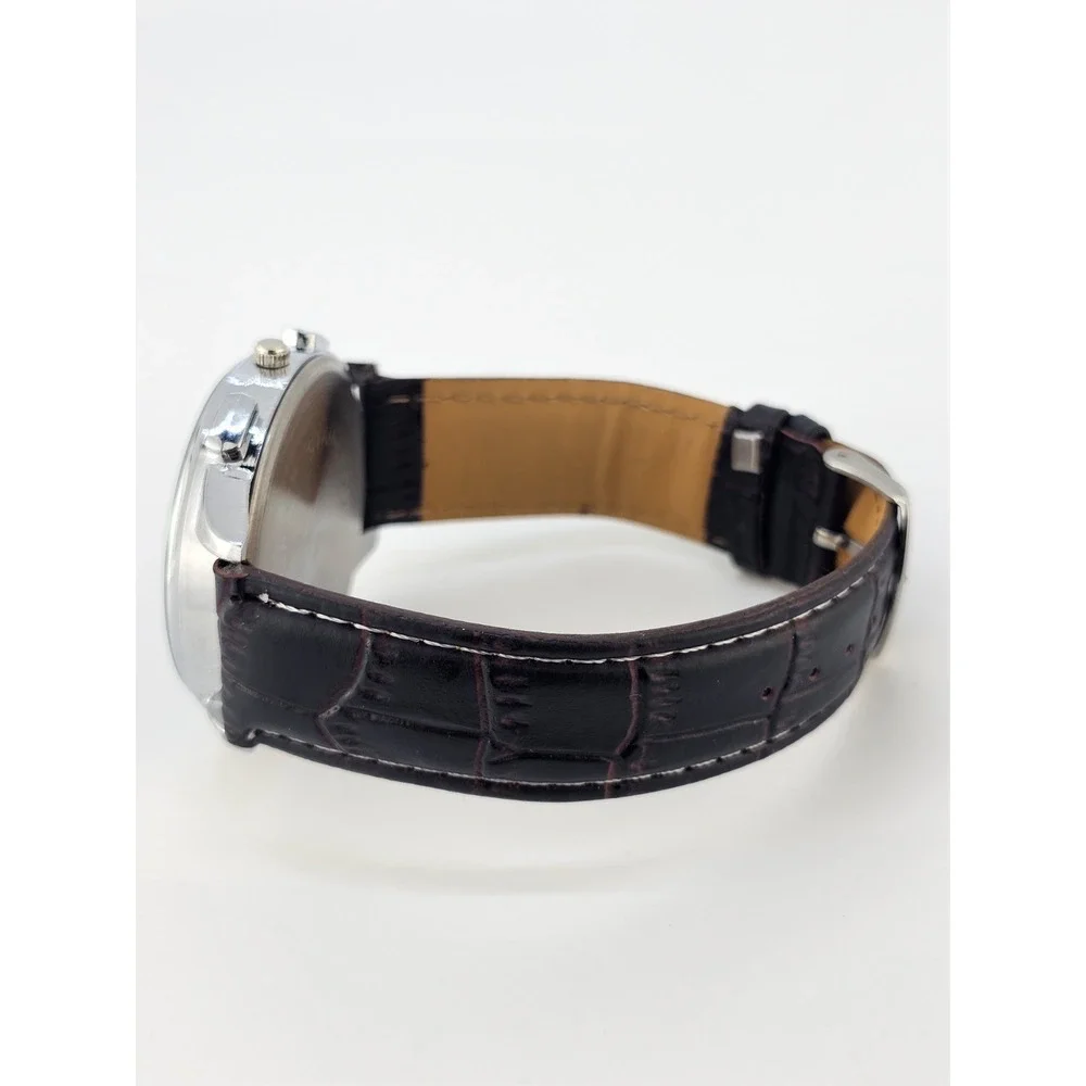 Men's Analog Watch‎ 45MM Brown Dial Dark Brown Faux Leather Bands New Battery